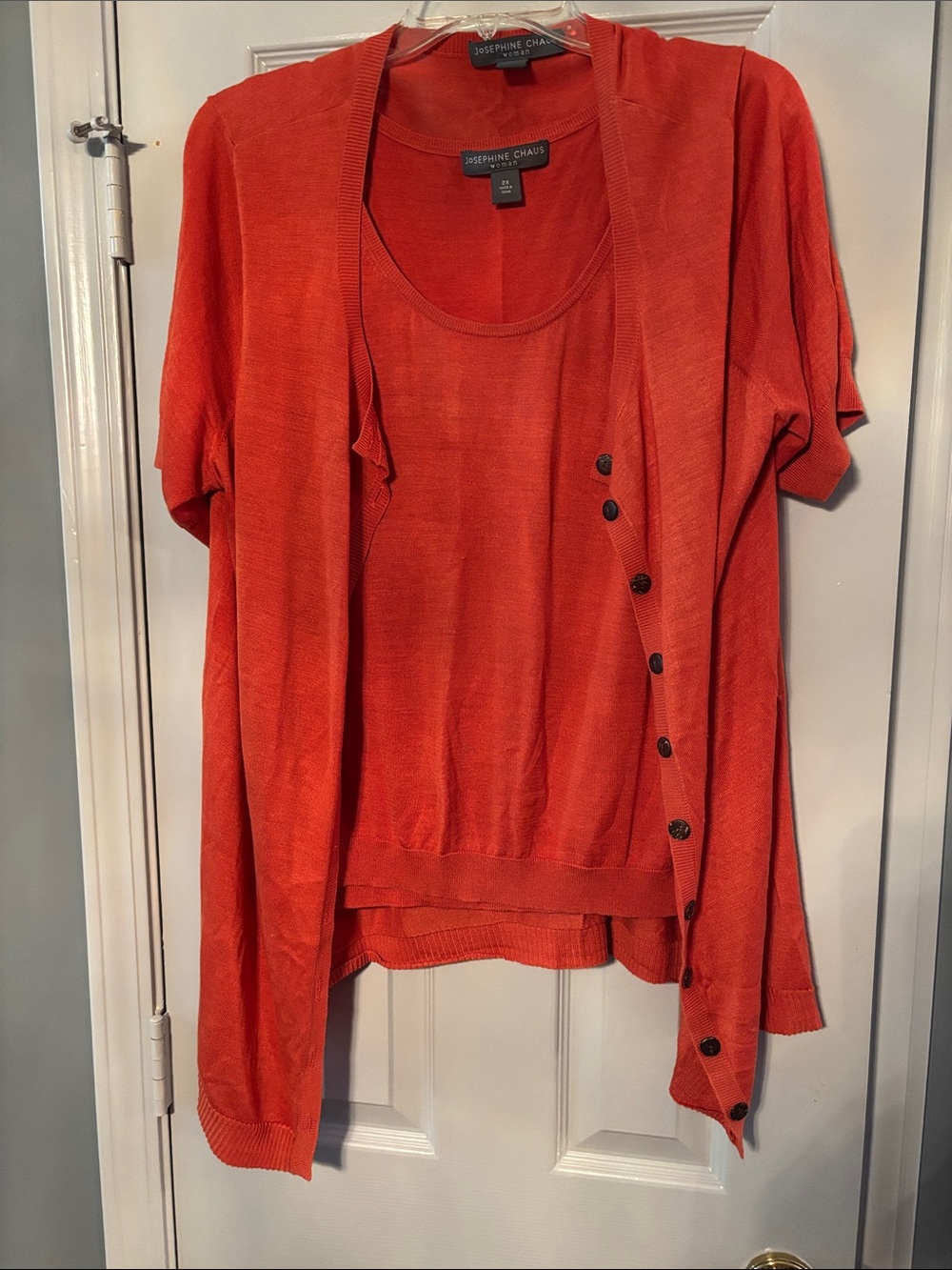Josephine Chaus Orange Silk Two-Piece 2X Tank & 1X Button Cardigan Sweater Set